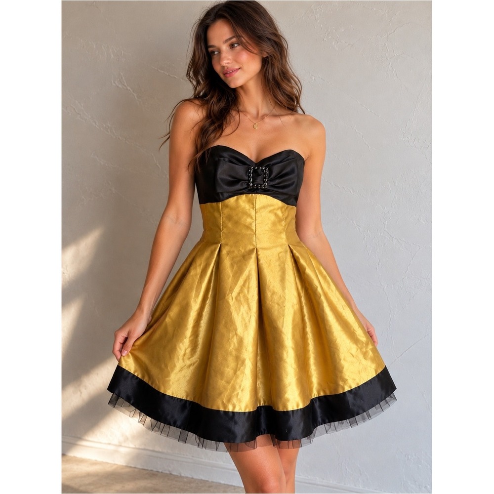 Vintage Gunne Sax Y2K Gold Black Strapless Mini Dress Bow Party Prom 8/9 or M